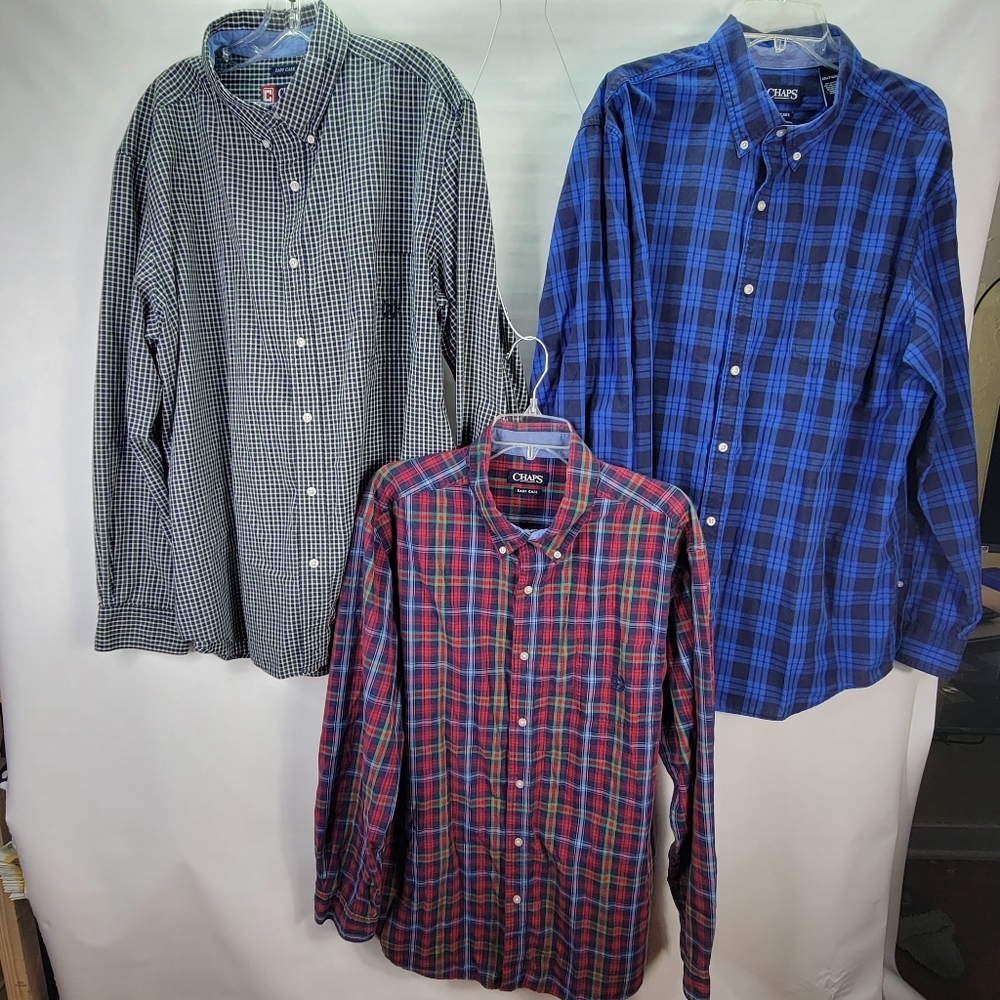 Lot of 3 Mens Chaps Easy Care Button Front Button-Dow Collar Plaid Shirts XXL